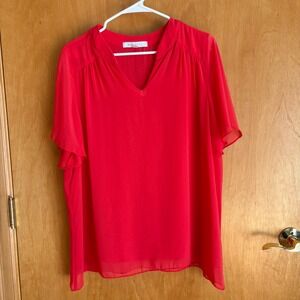 Marybelle Red Blouse 1X Flutter Sleeve‎ V-Neck Lightweight Made in USA